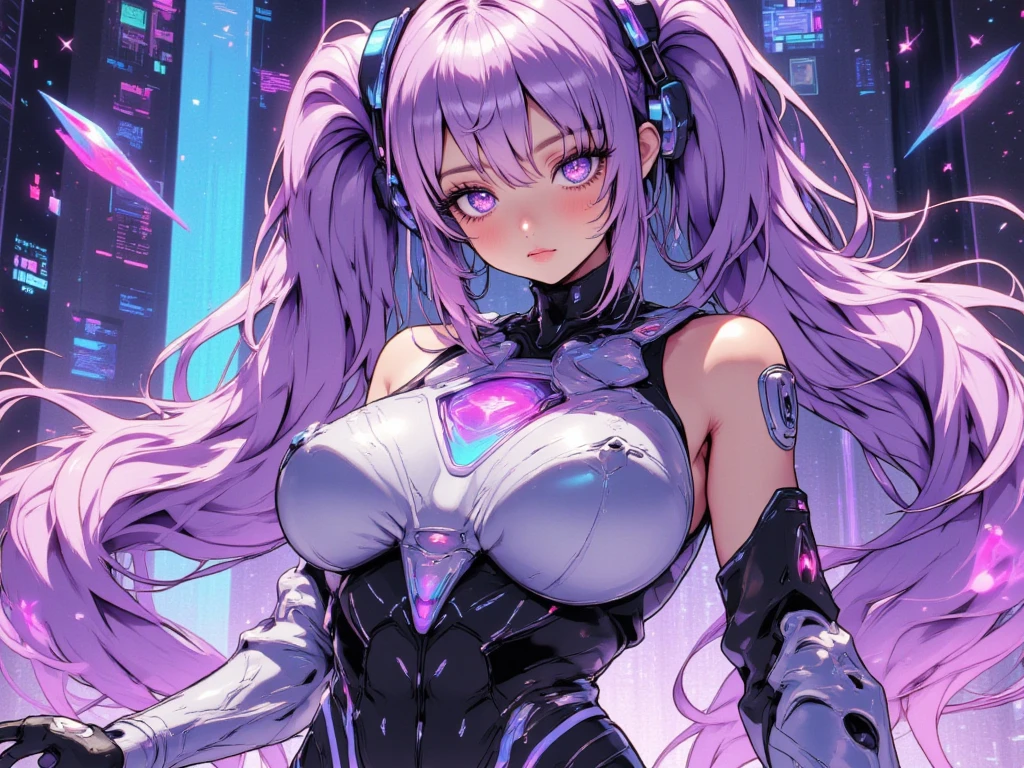 1girl (masterpiece, round_iris, extremely crisp crystalline shiny purple eyes, perfect_anatomy, extremely_captivating_hypnotic_mystic_eyes, ) perfect face, long pastel pink hair, smiling evil, huge breasts, sexy, gamer girl, gaming room, dynamic pose, best quality, 4k