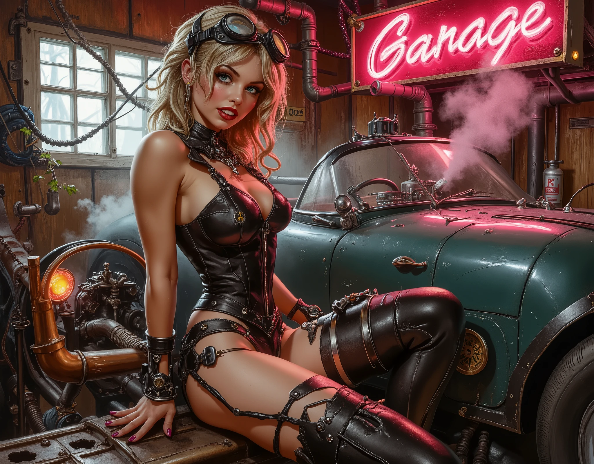 A very detailed poster in the steampunk-cyberpunk-pin-up style. Sexy young blonde mechanic from Europe in a retro futuristic garage. Seductive pose (leaning on the hood of the car).The figure is slightly curved to emphasize femininity. Image: playful, but with a touch of audacity.She's wearing a tight-fitting steampunk-cyberpunk leather jumpsuit and goggles on her forehead. Physique: seductive, emphatically feminine, but with a hint of strength (muscular arms, but smooth curves of the figure). She has dark disheveled hair and a playful smile. Plump, red, shiny lips. Eyes: large, bright, expressive, with false long eyelashes and pale blue iris. A retro-futuristic car with copper pipes, neon lights and a steam is depicted in the background. Neon signs "Garage", "Mechanic's Dream". The garage has old brick walls with wooden beams. Industrial details: gears, wires, glowing signs and smoke. Lighting: contrast – warm lamps (steampunk) + cold neon (cyberpunk).Grunge-style textures (light scratches, scuffs). Pin-up style with elements of cyberpunk and steampunk aesthetics.