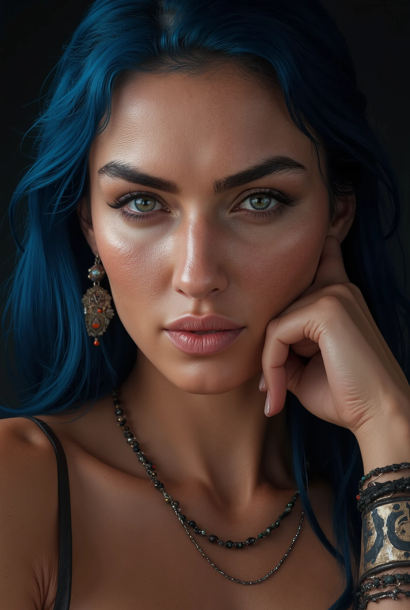 a photorealistic portrait of a 20-year-old European woman propping her chin on her hand, a bored expression, light makeup, detailed flawless skin with pores, expressive eyebrows, dark smoky contour around the eyes, piercing green eyes, red lipstick with dark edges, long blue hair, ethnic-style earrings and necklace, neutral black background., soft light