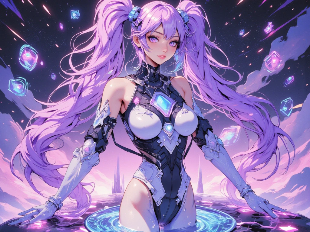 holography, Draw in neon colors:1 girl,Cyber Girl,Cyber Girlの衣装詳細,sit,purple_hair,purple_eye,, beautiful, (Very 長さ 編み込み light purple hair),Expose your shoulders,healthy,,future,transparent,((Light)), sf, Digital art, Digital, scientific, Dark Background: 電子回路をDraw in neon colors, masterpiece, Digital空間, energy, ((beautiful)), masterpiece, 8k, become close, Vibrant, colorful, Nice, Rich colors, beautiful Light Lines. Magical Effects, Sparkling, beautiful Light Grains,Anatomically correct,highest quality, Great quality, 16k, Unbelievably absurd,Watercolor skin,Very detailed,BREAK,Black long boots,BREAK,白と薄purple色の手袋