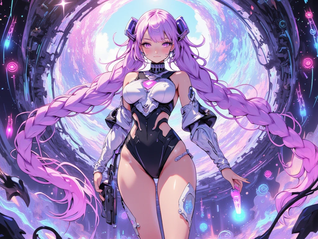 1 girl, 20 year old girl, one person, (Silver blue hair streaked pink purple:1.4), (Gradient sky blue hair ends:1.6), hair strand, absurdly long hair, single sidelock, wavy hair, shiny hair, floating hair, (Illusion deep purple eyes), delicate eyes, aqua eyes, High like real eyes, ((glowing eyes)), makeup, Focus on face, Very detailed facial, hot body, Random environment, Random pose, on the street, looking at the starry night sky, meteor, Technical clothing masterpiece, White extra long skirt, several cross stars beside, Colored lights swirl around the body, (((Extra super huge colorful extra super complex multiple glowing magic circle upright on the back of the head))), cyberpunk, full body shot, realism, chiaroscuro, (glowing light), sparkle, ray tracing, cinematic lighting, Futurism, motion blur, Ultra-Wide Angle, god rays, atmospheric perspective, best quality, UHD, super detail, masterpiece, highres, ccurate, retina