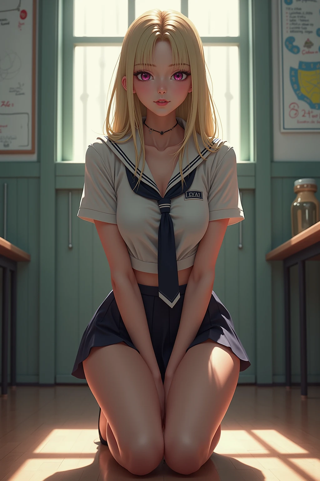 (((Blonde stunning hair))), (blue eyes), blue necklace, Golden earrings, Fit, Gorgeous Body, gorgeous, brown eyebrows, (two moles over lip), big pupils, (23 years old), 1girl,solo, complex skin, warm light, (large breasts), wide thighs, round butt, 5 fingers, ((blushing)), ((detailed face, best quality)), ((masterpiece)), ((ultra-detailed)), (beautiful detailed eyes), red lip, eyeshadow, beautiful face, long hair, very detailed eyes, intricate details in eyes, perfect lips, good lighting, cleavage, classroom background, ((School Uniform and school shoes)), sitting on desk, focus on shoes, from below pov,
