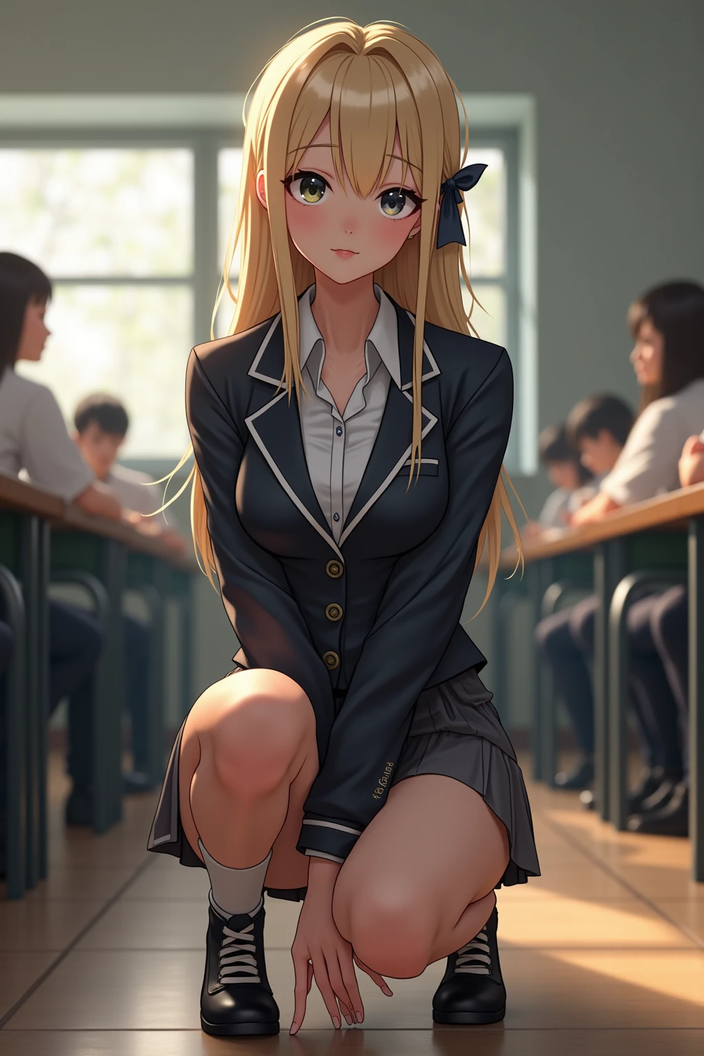 (masterpiece:1.2, highest quality), 1 Female, alone, , classroom, uniform,Sunset, sit, blonde, Open Collaboration, Dark Skin, (Open chest:1.1),