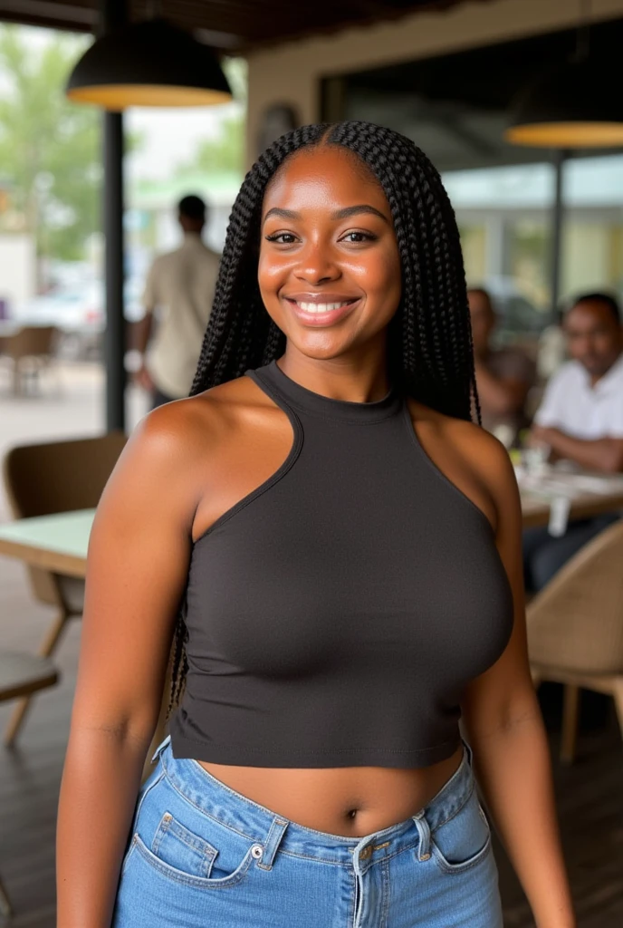 (Muscular young black girl Tinna Keys), huge strong biceps volume, enormous firm tits volume, strong tonned exposed abs, muscular strong legs, bodybuilder muscles bursting in strength, exposed abs skin, (wavy hair), tight yellow tshirt and skirt, night park background, slight smile, sitting on wooden chair, wooden table, looking away