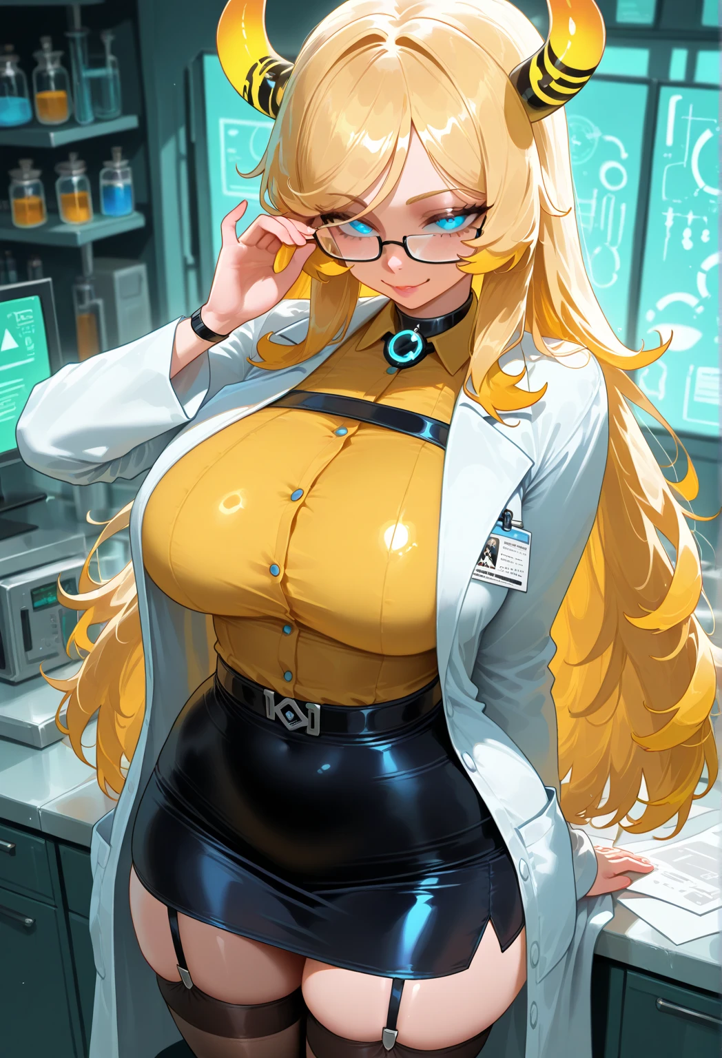 Inside the lab, there is a beautiful demon milf with yellow hair and red eyes wearing glasses, she wears a white lab coat, she has horns and sharp eyes, she is a demon of lust, have medium boobs too cause she is lust