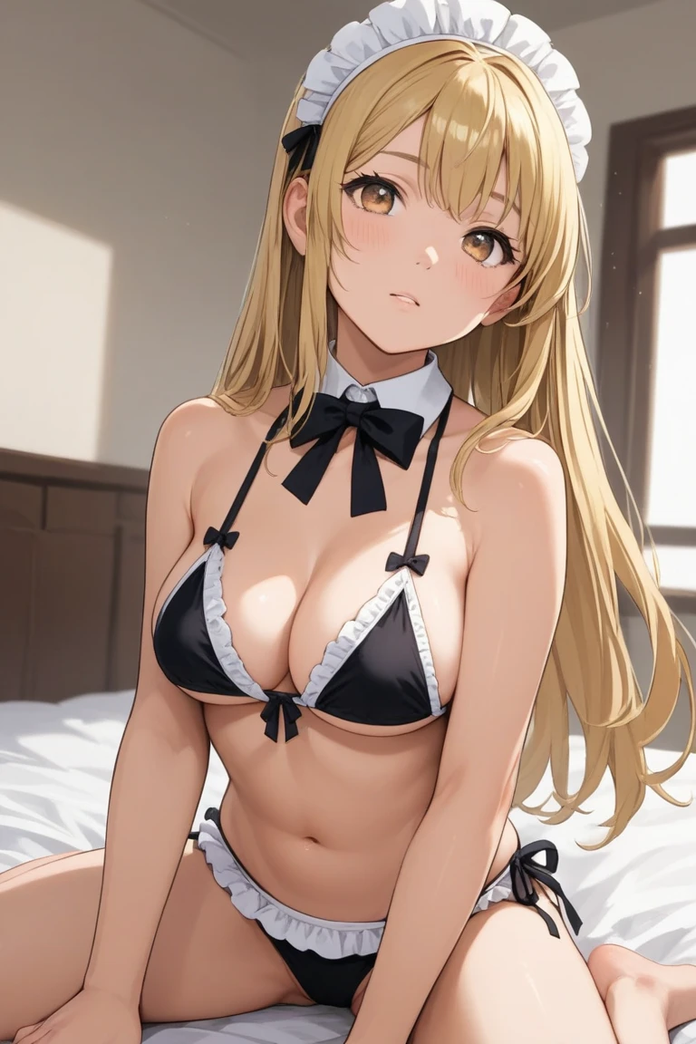Artoria Pendragon,Blonde hair, golden eyes, mature,white bunny ears headband,long hair ponytail, big breasts, slim, white bikini,bed,
