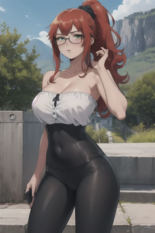 1 Anime girl, pony tail, glasses, red hair, teen, red lingerie , good anatomy, hair pin, full body, under mapple tree, big boobs, smile, swating