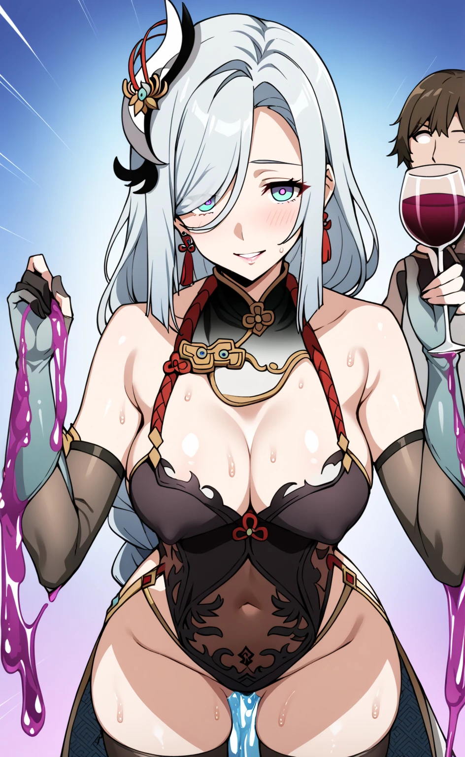 mtu, mascular, Masculine face, big breasts enchanting, musculous, ((1人)), tmasterpiece, absurderes, Best quality at best, Complicated details, (shiny skins, shining body, Shiny oily glowing skin, shinny hair, Pale complexion), the sunset, Attractive, (musculature)), AS-Adult, an Quority,Medieval clothes, 耳Nipple Ring, Black pantsuit, Not looking at the view, Perfect and detailed face, Perfect and meticulous hands, banya,The demons,eBlue eyes,((MLS)),pervert smirk,medium large shoot