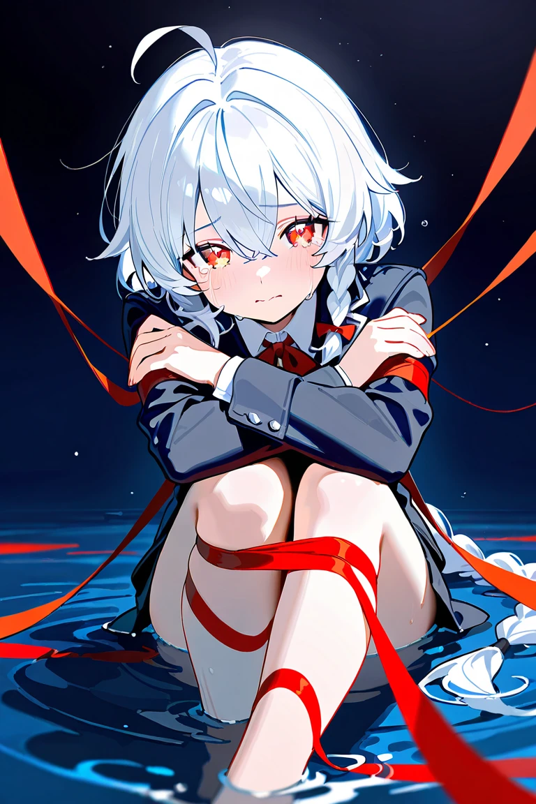 1 boy, shota, Little kid, femboy, short, white hair, pale skin, half naked, White sailor t-shirt, red eyes, Thick sexy thighs, huge penis, sexy, blank expression , (cartoon-style bold line work:1.2), vibrant colors, cel shading, inside a room