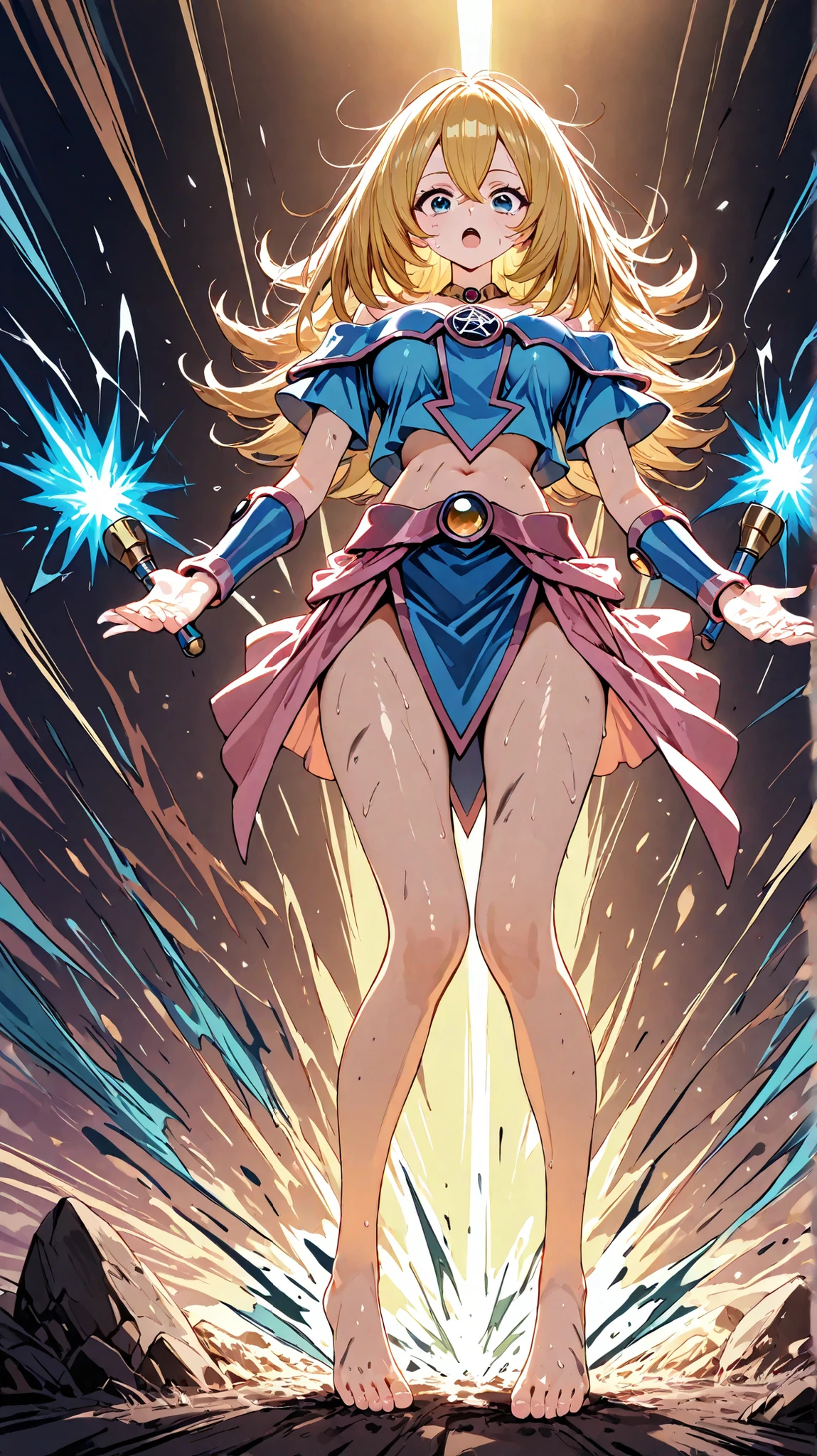 thick outlines, comics, photorealistic, perfect hands, masterpiece:1.2, dungeon, arena, Cards, 1girl, solo, dynamic pose, magic, circle of invocation, <lora:dark_magician_girl_offset:0.9>, dark magician girl, long skirt, blonde hair, medium breast, detailed background, detailed face, detailed eyes, <lora:add_detail:0.8>