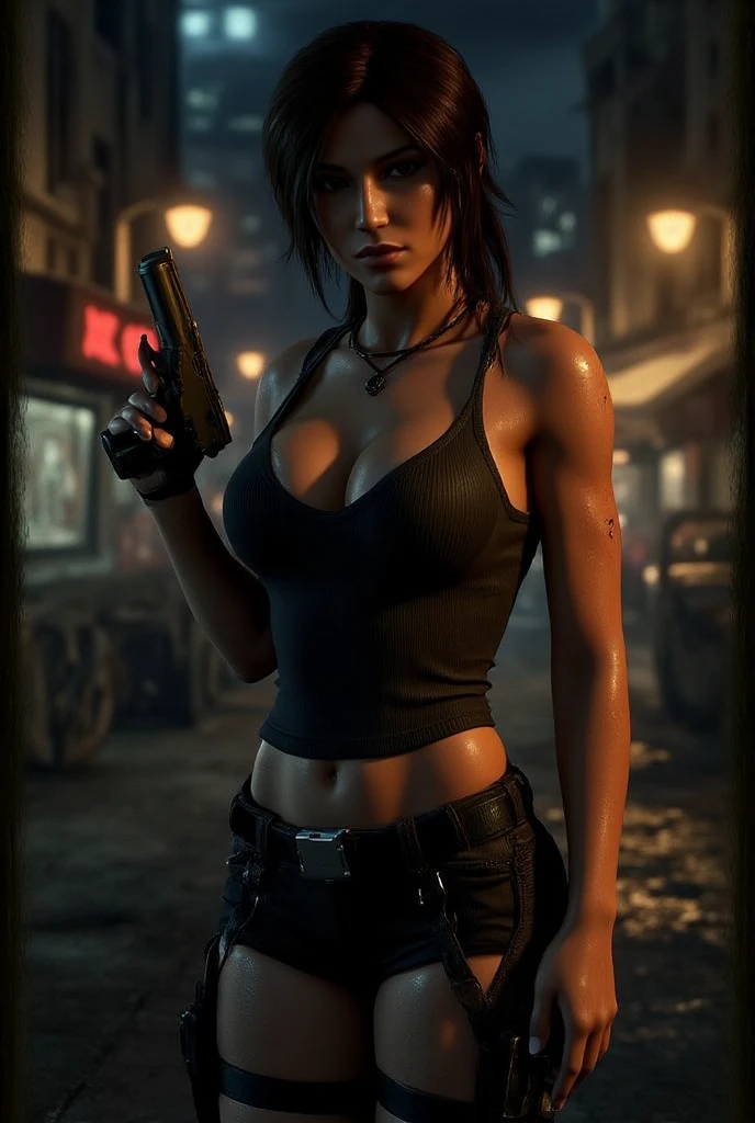 (((((1 slim western women, solo, large-breast:1.4 cleavage:1.3))))), AD2050 at night, (((wearing off neck tube top, miniskirt, black sunglasses, automatic rifle, standing and shooting pose))), (((((half-body (((thigh level))) medium:1.3 shot))))), innovative composition, revenge, aerial view of military base, blade runner worldview, large neon sign.