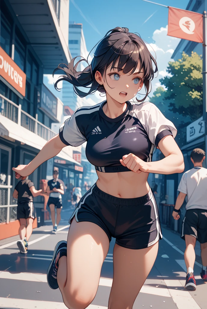 best quality, masterpiece, highres, colorful, artstation, concept art, smooth, sharp focus, illustration, sport girl smoking a cigarette, smoking, smoker, sweating, more smoke, sprinting, running, in movement, 1girl, outdoor, blue eyes,