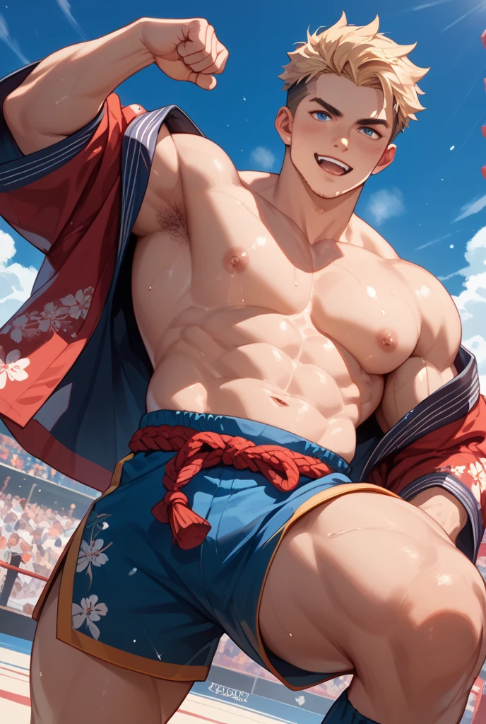 Showing off his muscular muscular back, red skin, bright red skin, the boy blushed shyly , rosy skin, shiny skin(muscular thigh muscles )( anime style, art) (photo angle from bottom up) (photo angle from the ground upwards) [Anime photo][highest quality photo][4k,HD photo quality ] wear tight and short loincloths , bulging loincloths, torn loincloths, wet loincloths, ancient, dirty loincloths (muscular thigh muscles, firm thigh muscles, muscular thigh muscles, sinewy thigh muscles, giant thigh muscles, strong leg muscles, muscular hamstring leg muscles)(thigh muscles bulging as if about to explode, muscular, calloused, sinewy, giant) , Bennett(Genshin Impact),fun, happy, huge body, muscular and muscular, bodybuilder, bodybuilding, standing, lots of sweat flowing down, topless, shirtless, hot sunny, 8 pack abs , short hair , green eyes, Side View , Raise your arms high to reveal your armpits, Hands behind the head, cum, cumming, huge penis, huge erect penis slipping out of loincloth, nsfw, ejaculate, large penis, big penis, long penis