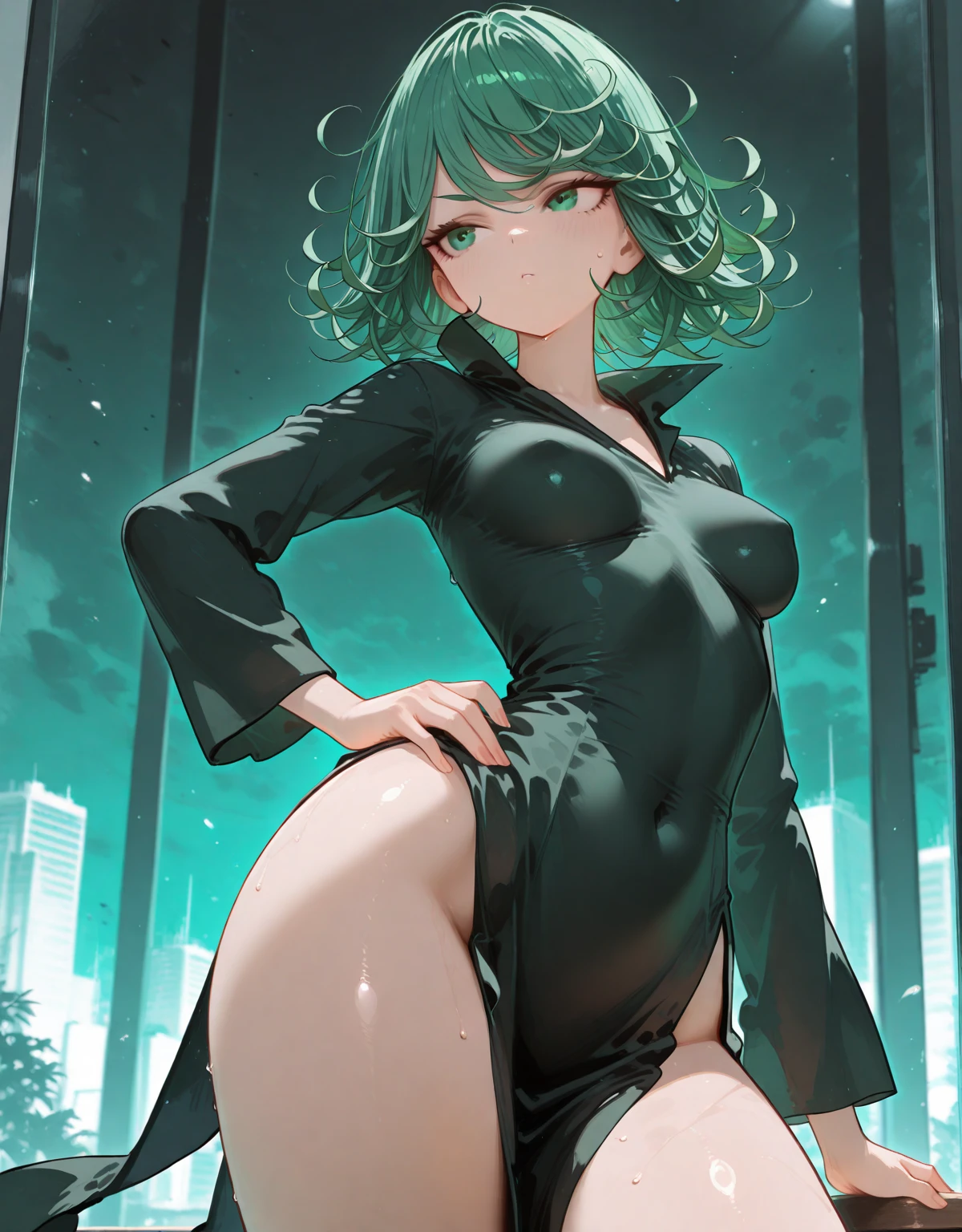 Tatsumaki, black dress, showings armpits and pussy, half naked, (((half naked)))sci Fi city background in the night.