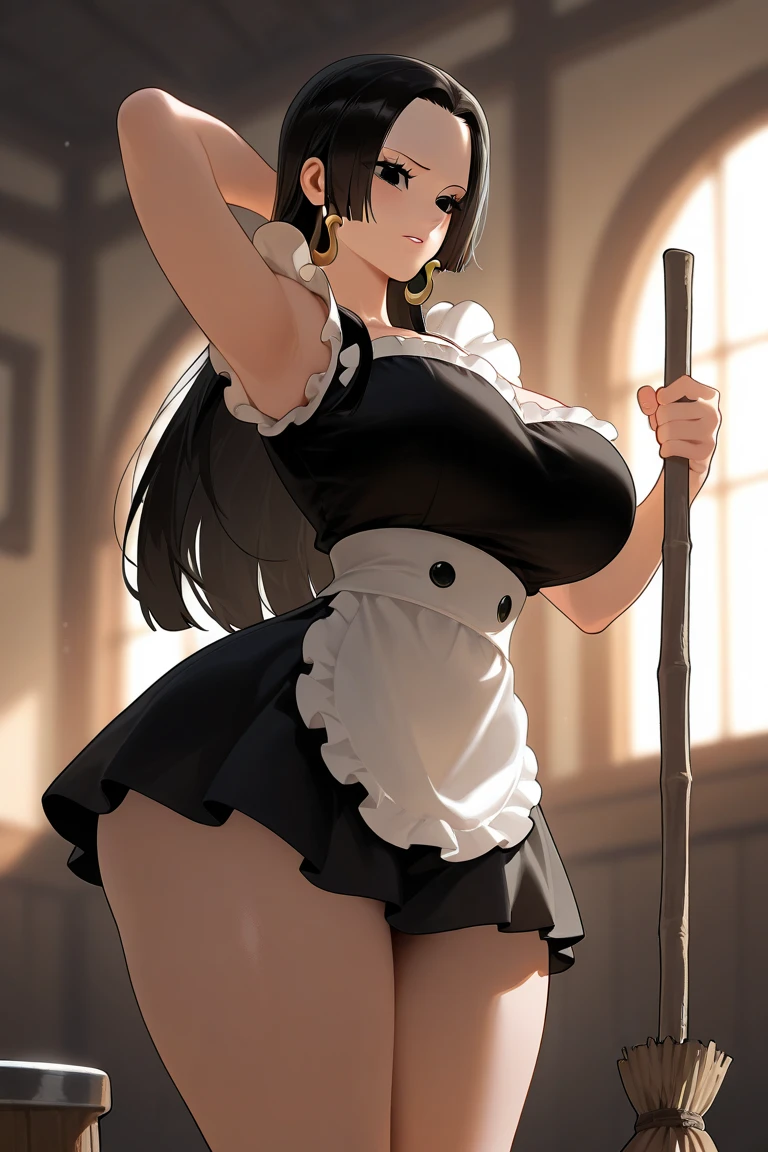 (master piece, Best Quality),medium shot, 1girl , Indoors, Beautiful, Gorgeous ,large full breasts, cleavage, Expressive eyes, Perfect face, hand on the breasts, masturbation from below, Short black hair, Blue detailed eyes, squatting,open legs,Spread legs,arms behind head