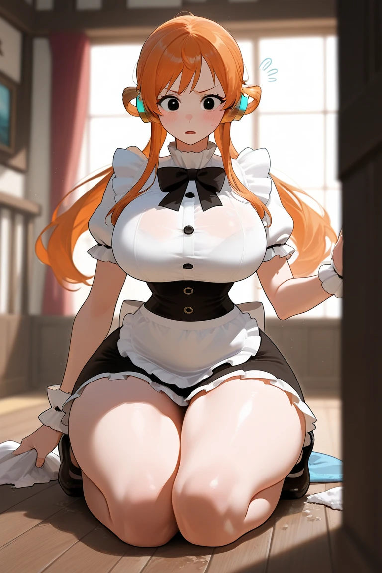 /draw ai_generated curvy_body curvy_female curvy_figure The average cup size female_only huge_breasts looking_at_viewer +maid solo_female solo_focus stable_diffusion waitress orange_hair green_eyes lifts the skirt showing black panties legs in pantyhose --auto