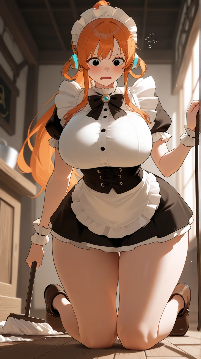 /draw apron orange_hair green_eyes breasts breasts_out couch dress female frills gloves highres koruse large_breasts long_hair looking_at_viewer lying maid shows off her juicy ass maid_apron maid_headdress no_panties original solo gloves black pantyhose lifts her skirt and shows her ass in pantyhose HD UHD HQ