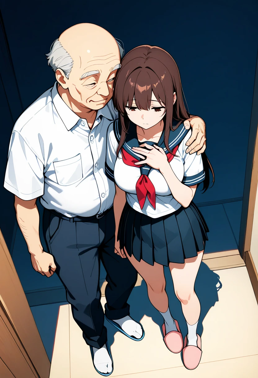nsfw,((One girl, 1 Elderly)), ((Skirt flip:1.4)), ((Old man grabs woman's skirt)), The old man laughs evilly, Huge breasts:1.7, Anime cel painting style, highest quality, High resolution, Huge breasts:1.8, good, High leg panties, White Sailor Suit, Short sleeve, Red neckerchief, Blue Skirt, blue eyes, Purple Hair, bangs, Side Ponytail, hair ornaments, Embarrassing, fear, blush, View Viewer, whole body, Cowboy Shot:1.6, Crowded train
