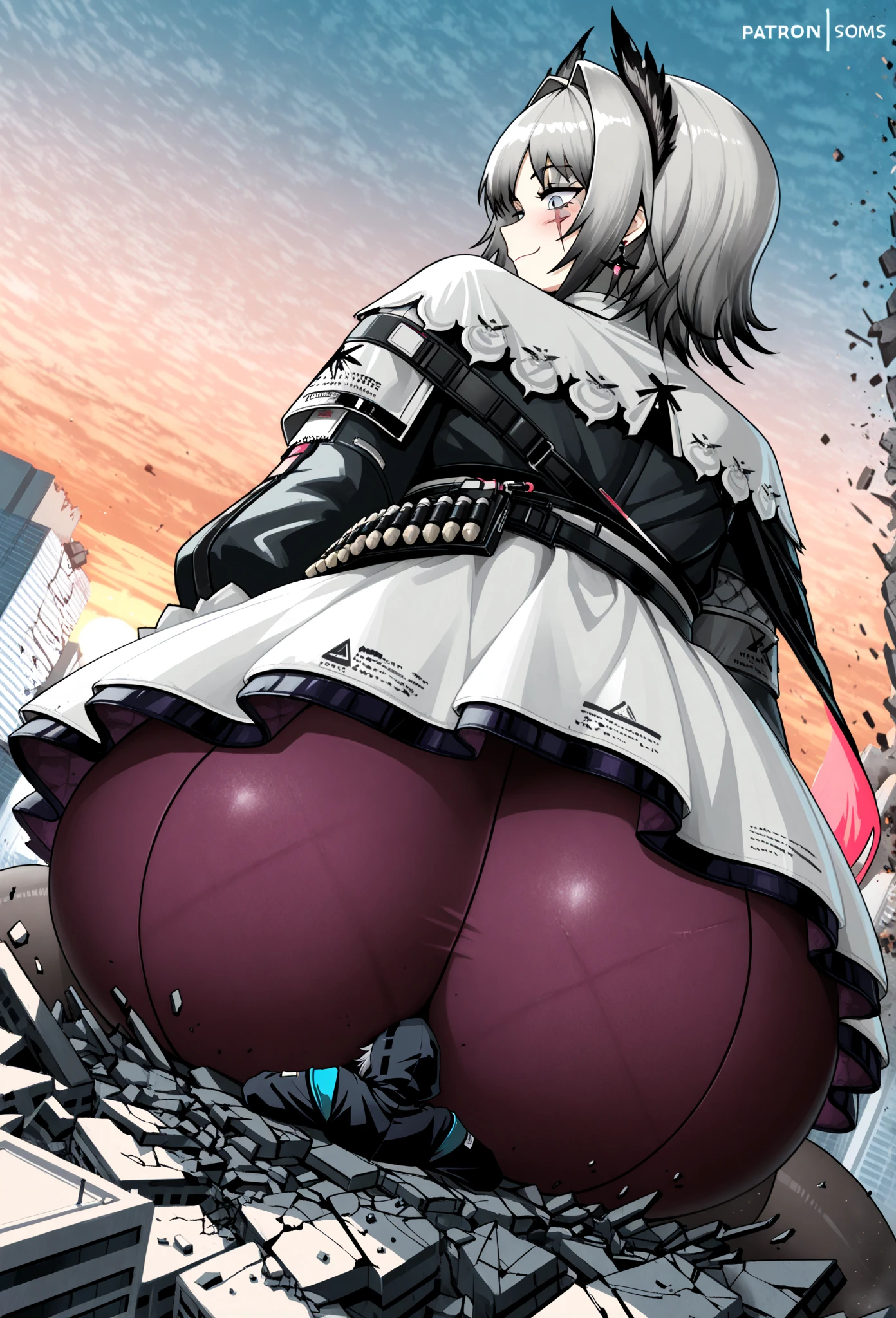 (top-quality, in 8K, 32K, masterpiece, A high resolution, Impressionism, Photorealsitic:1.2, anime style), (((((detailed faces and eyes, beautiful face, black eyes, red x-shaped pupils, cold expression))))), (((Masterpiece, 1 mature female, solo, Arlecchino, white and grey jacket with long sleeves, black trousers, high collar, formal suit, white hair with black streaks, black gloves))), Cinematic, (((( big belly, massive breast, massive ass)))) 4k, fantasy world ((((fart, farting, massive fart, back view)))),(((happy)))