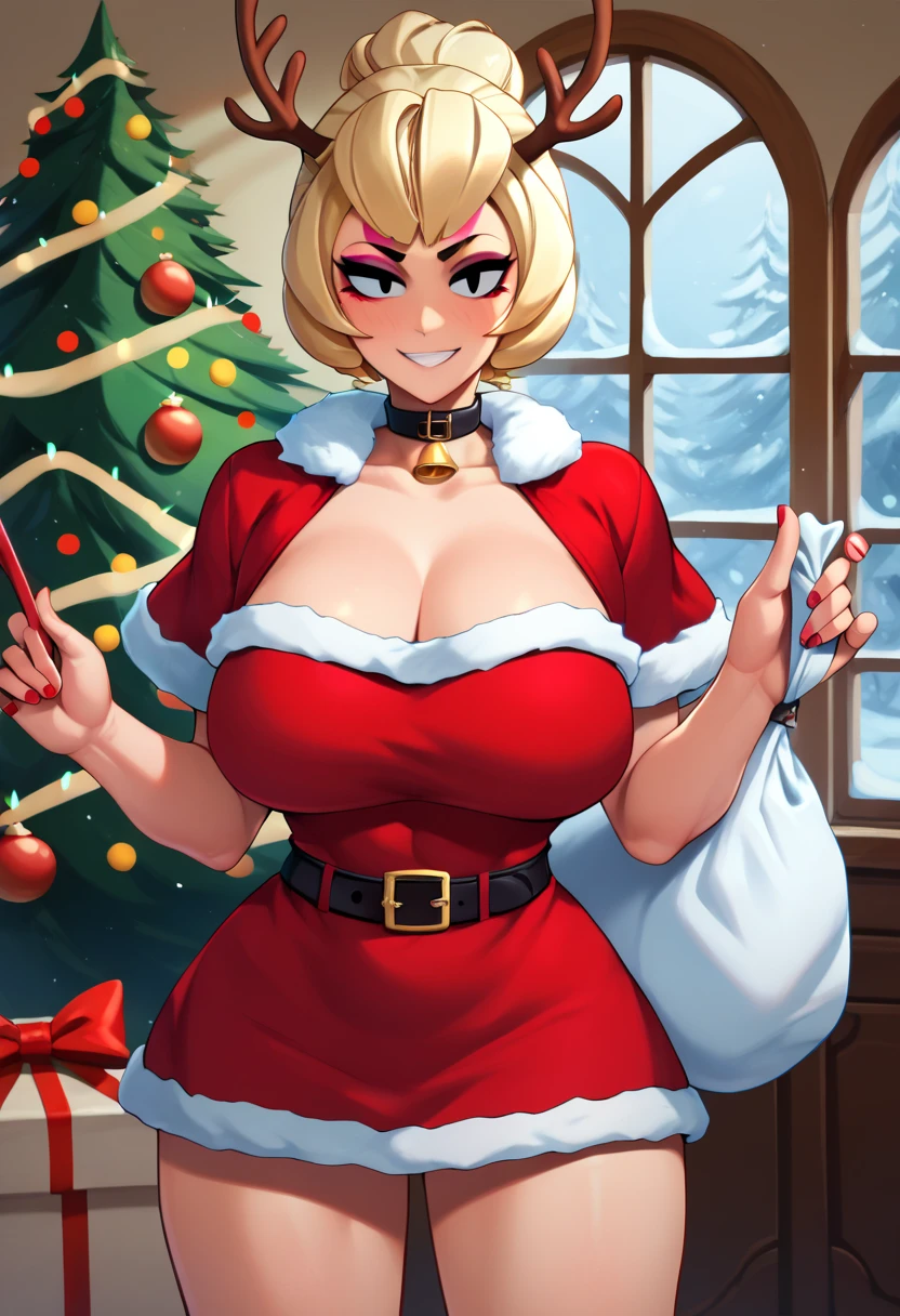 tmasterpiece, Best quality at best, 1个Giant Breast Girl, gigantic cleavage breasts, Chopping, Red bra, navel, red panties, Red gloves, Red stockings, Santa hat, Bare legged, Long blonde hair, eBlue eyes, pale-skinned, Be red in the face, ssmile, Christmas decorated room nsfw lewd let’s gooooo