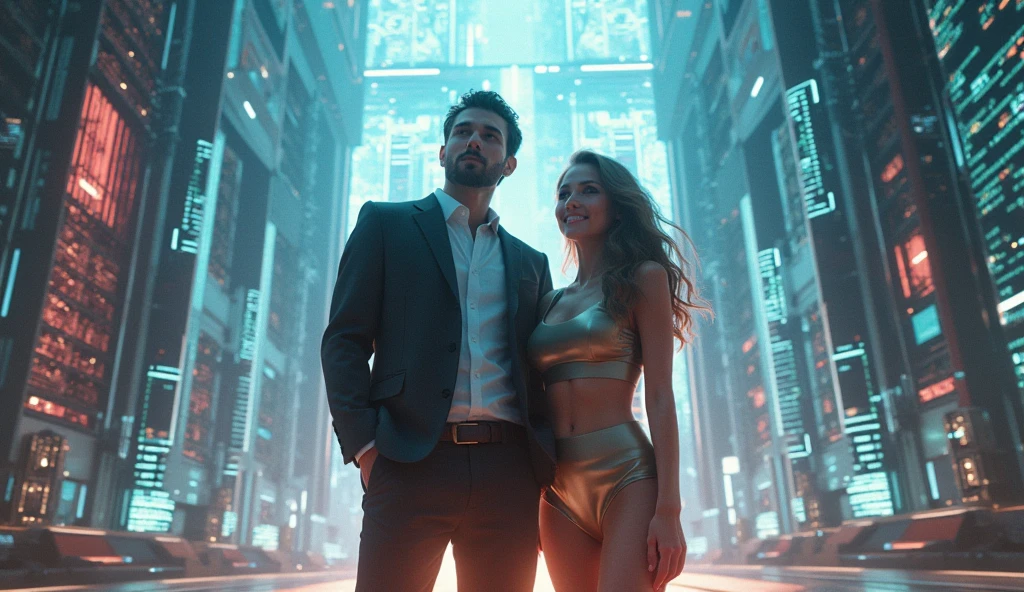 On the rooftop of a skyscraper, a male cyborg and a female cyborg engage in a sexual relationship. They are both depicted in stunning detail, with intricate details highlighting their magnificent anatomies. The scene is captured in the highest quality, showcasing the absurd resolution of 8K. The artwork is a masterpiece, featuring beautiful and slim bodies that are expertly crafted. The intense focus on intricate details enhances the hyper-detailing of the cyborgs' features, making them appear even more realistic. The lighting is soft and natural, casting a gentle glow that accentuates their natural skin textures. The overall composition of the artwork is carefully cropped to showcase the enticing 1/2 body of the cyborgs. The HDR technology further enhances the visual impact of the image, resulting in a truly breathtaking piece.