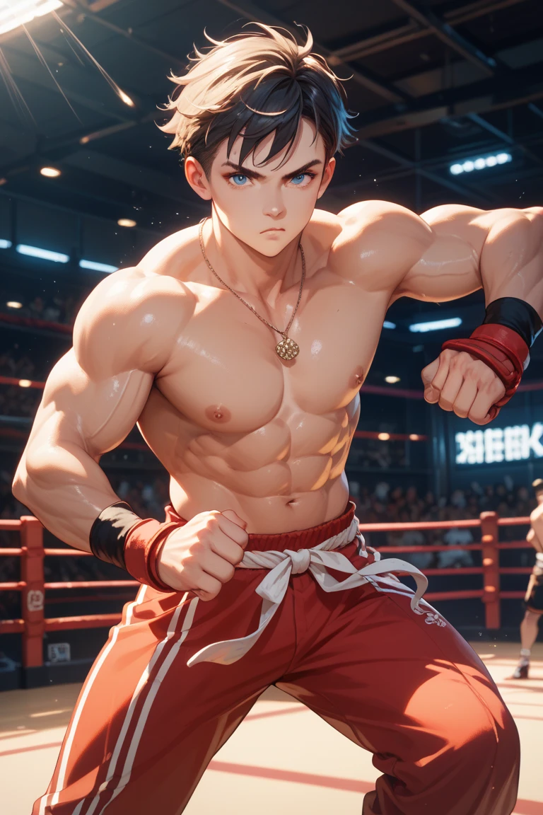 (Eine detaillierte Zeichnung von Rot mit roter Kappe, Ich bin Wrestling-Ring.), With a naked torso, oiled body, Ripping clothes, the strongest of all, huge muscular body, big Bizeps, big shoulders, Muskelbeine,Abs, Barefoot, Full body image, Angespanntes Ringen im Ring mit goku als Gegner. dynamische Pose.  Red grabs Goku and holds him in a tight grip. Red vs  goku.  Extrem hartes Wrestling Freestyle-Wrestling im Ring liegend, Extrem brutales, sexy, Classic Greco-Roman Prone Wrestling is a TV show, filmisch, realistisch, sexy and muscular, Full body posture. Best quality, Sehr detaillierte Computerillustration. dynamische Pose.
