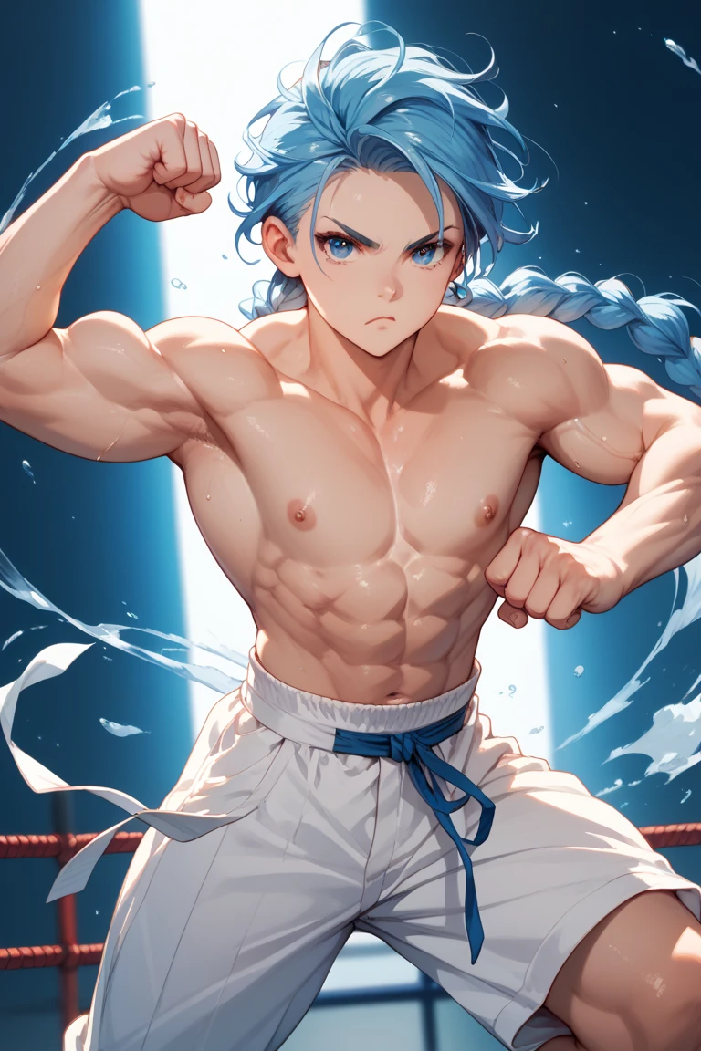 A muscular man wearing a red, yellow, blue and white fitness outfit,Cool hairstyle