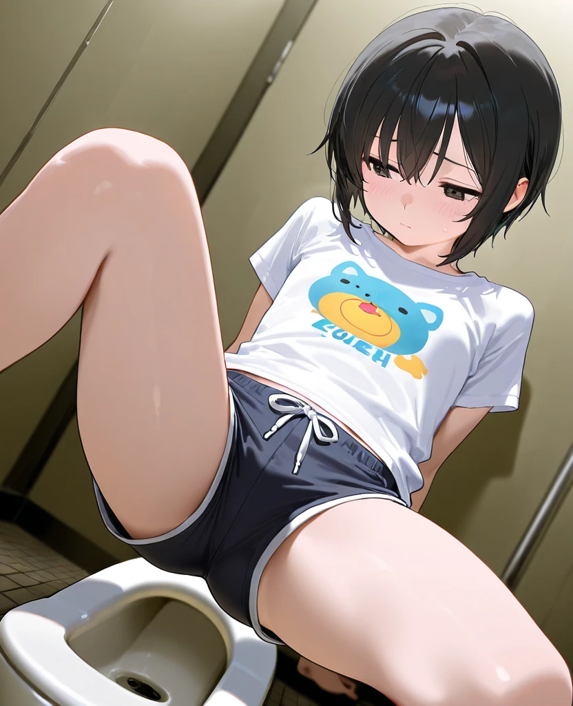 (super flat, flat shading),Accurate and detailed straddle the horse riding machine girl:1.2,Easy honor student type,Really blushing,Sweat,surely:tremble violently:1.2,surely:I cum very hard,very heavy breathing,11 years old,Short bob cut black hair,glasses,very, very, very short height,White color printed short T-shirt,transparent white panties,very thin limbs,indoor,dark room,at dusk in winter,beautiful sunset,naked,straddle the horse riding machineposture,looking at the viewer,i was incontinent,surely:A large amount of urine gushes from the female genitals:1.2,surely:Urine dripping from a riding machine:1.2,surely:straddle the horse riding machine、Spread your legs as wide as possible,Accurate and beautiful beautiful female fingers,Detailed cute crack,excitement and shy smile,ecstatic expression,selfie camera in front of me,(no panties:1.4)