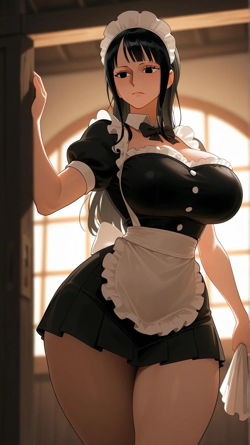 (1girl),(alone),(Full Body Portrait),(with face and body facing fourth wall:1.5),(Super dark skin color shade clay5:1.5),(Long dark purple hair and dark purple eyes),(young),(beautiful and super hot),(structured slim 1girl),(alone),(white skin),(long red hair Red eyes),(young),(beautiful and super hot),(slender body structured),(Big Breasts:1.5),(height 1.75cm),(hot ass),(Wearing),+,(\dressed as a maid, and maid's outfit and super revealing on the back, I lowered the short skirt a lot, showing her legs, and a little of her panties, and the part of the apron at the back of the skirt is very low, showing her delicious buttocks, and over the maid uniform it looks like a very short and sexual bra, and she has an ass big and super big breasts, she is super busty and has very big buttocks)/