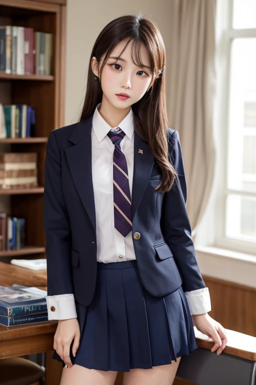 hyper realistic, masterpiece, best quality, ultra detailed, photorealistic, 1girl, standing,  jk, navy blue blazer, large plaid skirt, beige loose tie, long straight hair, blunt bangs, navy blue high socks, black loafers, makeup, (simple background:1.1)