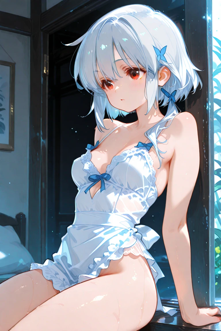 beautiful, masterpiece, Highest quality, anime, One girl, C Cup,Portrait Shot, View your viewers, Covered、Short Hair、nearby、Blue Eyes、art、、White hair,Blue streaked hair、wallpaper、hairpin、Cute smile、Thighs、Cute、bra、Panties、はちみつ