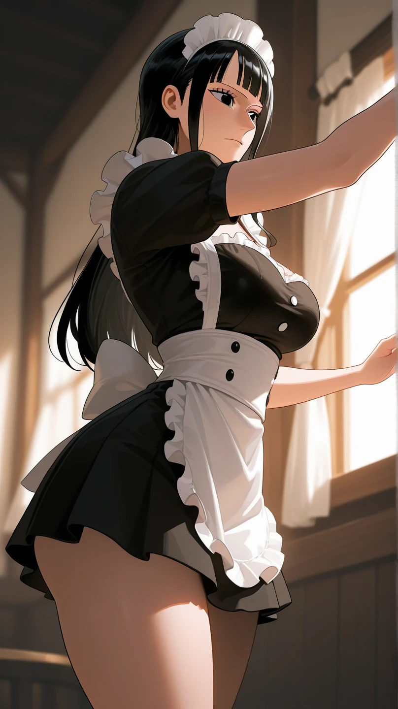 score_9, score_8_up, score_7_up, score_6_up, score_5_up, score_4_up, source_anime, 1girl, black hair, повязка на голову, red eyes, w-w-chain, shackles, Hang a girl up, raise arms, long hair, maid's outfit, black thigh high boots, heels, night, windows, dungeon, best quality, best res, 4K UHD,