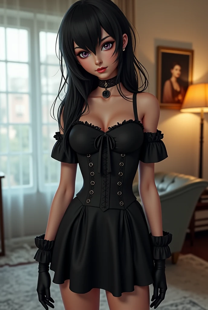A captivating, high-quality 3D rendered portrait of a seductive gothic-themed anime maid. Her long, black hair flows gracefully, framing her enigmatic face. She dons a short maid uniform adorned with chains and lace, revealing her curvaceous figure. The uniform features striking black and red accents, accentuating her alluring presence. The setting is a dimly lit, eerie mansion with gothic architecture and candlelit chandeliers, casting a soft glow on the scene. The atmosphere is enigmatic and mesmerizing, as if taken straight from an anime or gothic fantasy film. This enchanting portrait evokes a lasting impression, leaving viewers spellbound by its charm.