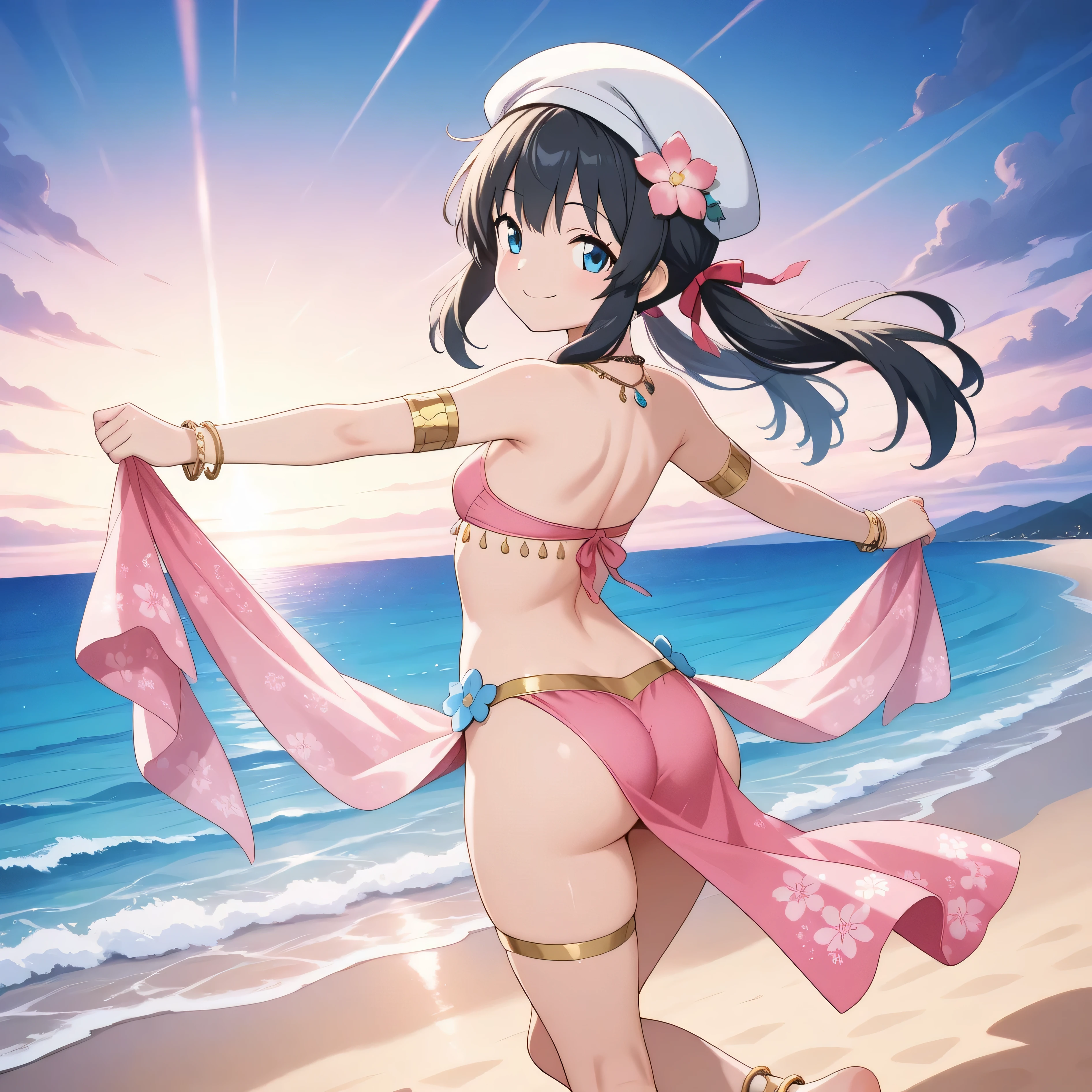 masterpiece, best quality, amazing quality, on beach, ocean in background, 1girl, solo, Dawn, black hair, blue eyes, sidelocks, long hair, jewelry, white headwear, curvy, petite, Dancer, blonde hair, long pigtails, hair ribbon, pink bikini top, pink pelvic curtain, blue floral pattern, anklets, bracelets, necklace, smile, stage, dancing, rear view,
