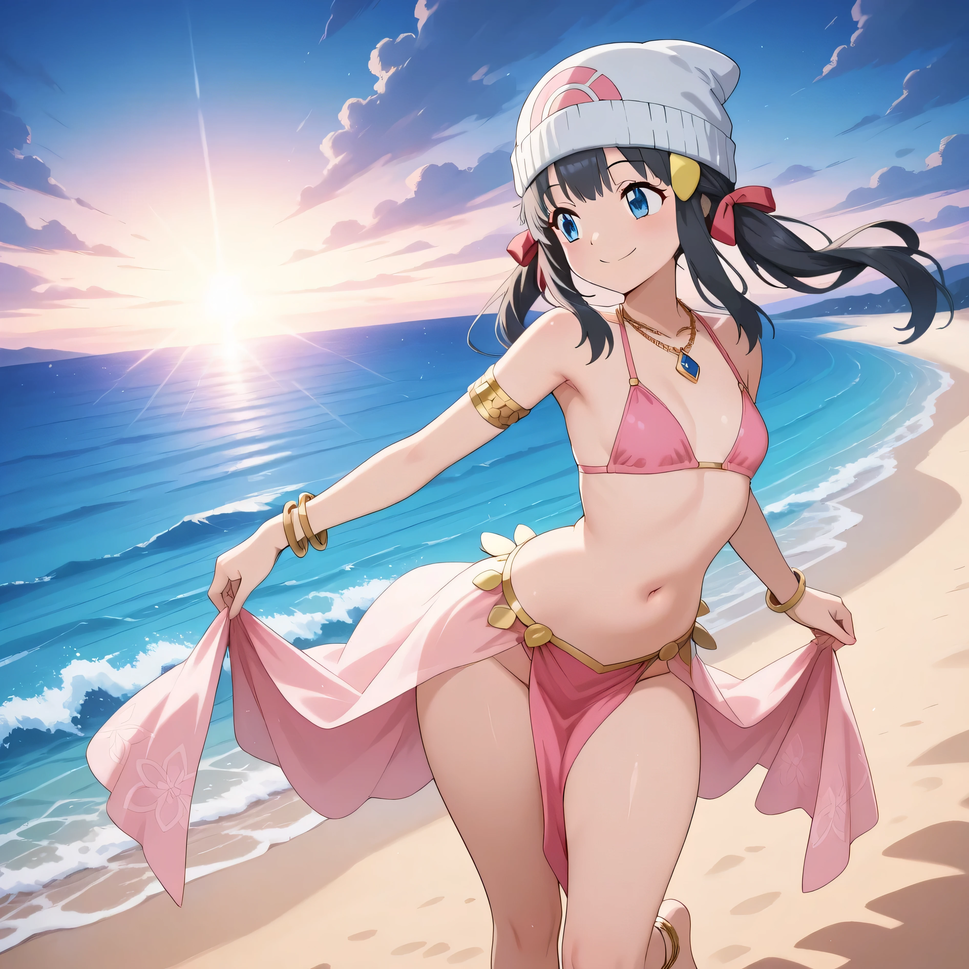 1girl,adjusting hair,black bow,black hair,blush,bow,breasts,cleavage,collarbone,covered erect nipples,covered navel,cowboy shot,earrings,fur-trimmed hood,fur trim,fur trimm,grin,hood,hood down,hoodie,hoop earrings,impossible clothes,impossible swimsuit,jewelry,leotard,long hair,long sleeves,looking at viewer,medium breasts,one-piece swimsuit,open clothes,open hoodie,outdoors,parted bangs,pink hoodie,pink thighhighs,red eyes,see-through,single thighhigh,sitting,smile,solo,swimsuit,thighhighs,tiara,two side up,white leotard