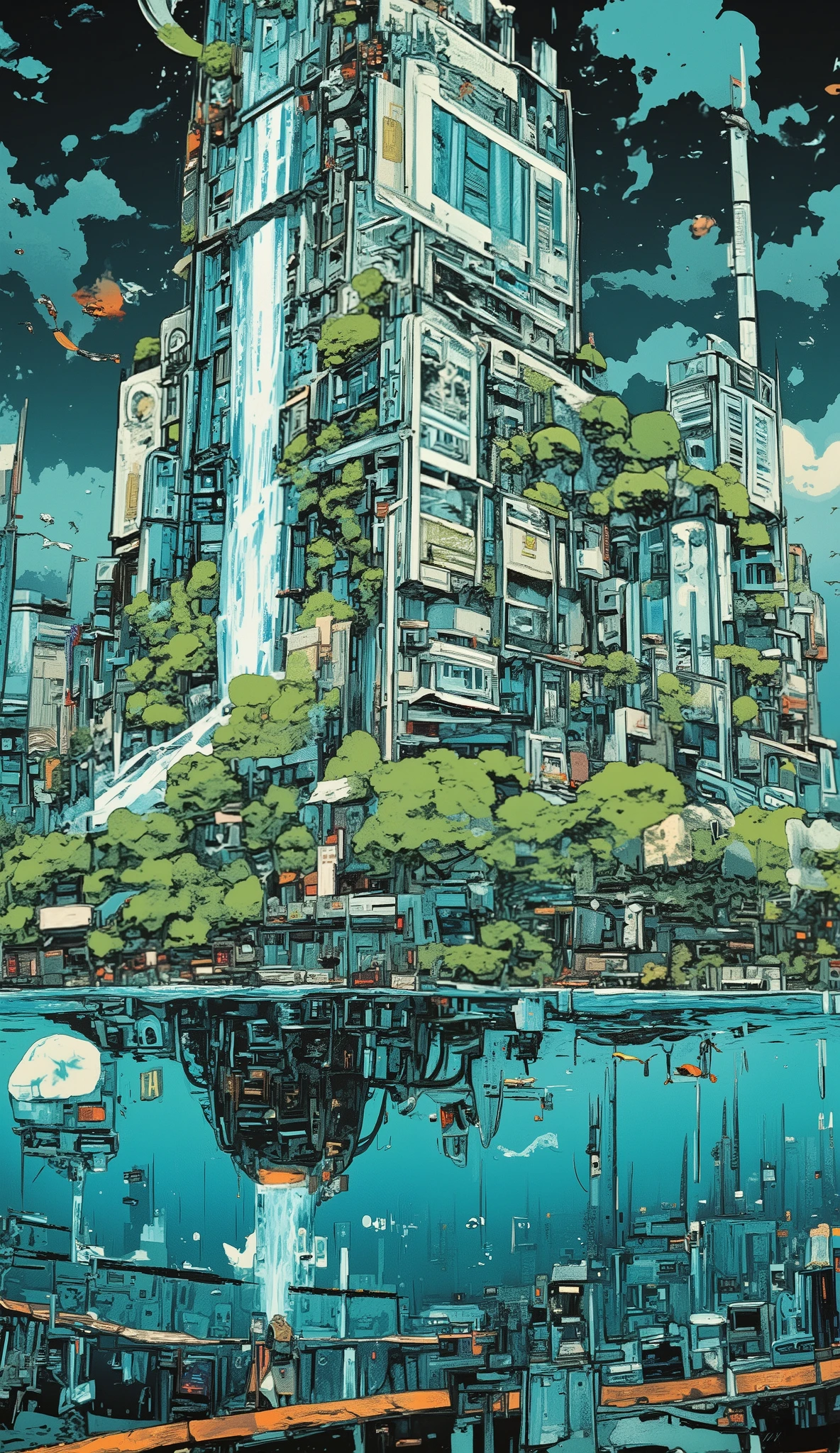 A futuristic artificial city built on a floating island,A flat surface expression unique to Ukiyo-e, floating islands float on the sea and are fluid in shape and height, and are amorphous,Fantastic silhouettes floating on the water,Giant root-like structures at the bottom of the island,The mystique of floating and technological elements,Multiple islands on the water,Hanging gardens and waterfalls,A fantasy feel with airships coming and going,Futuristic or Art Deco buildings、Glass and green roofs、Sky Corridor,Vivid flowers and trees on the island,Forest,Animals coexist,Hanging gardens and aquatic ecosystems are also depicted,Fish and turtles in the sea,submarine,Small floating islands and boats around the island,Symbol of an ideal world or utopia,Deep ocean trenches and mysterious shadows below the island、Suggesting the existence of lost islands and legends,The lower half of the city structure is underwater,Dark blue gradient against a blue sky,City structure drawn with clear outlines,flat and bold layout,Buildings incorporating advertisements and neon decorations,A flat expression typical of ukiyo-e,Anti-gravity ships with a futuristic design move through the sky,sci-fi atmosphere ,Contrast of Light and Shadow, People in futuristic clothing, moving forward ,very detailed illustration,An interesting composition