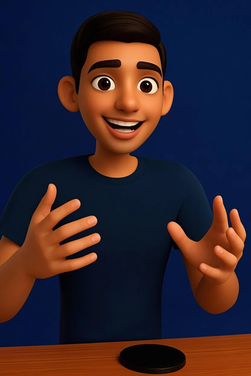 Create a 3D drawing character, a 20-year-old dark-haired man with a medium body, very short hair and a short bob, black eyes, a purple shirt, and him making a positive sign 