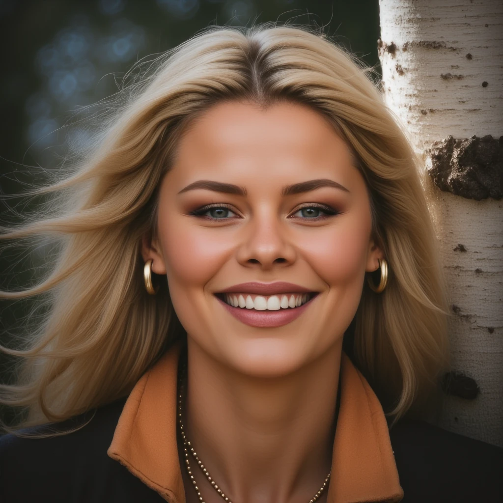 a semi close up photo of brooklyndecker a beautiful happy woman, 30 years old, blonde flowing hair, wearing jeans and heels, with a black coat, in the middle of the road, wet, reflections, fall, fall colors, leaving flying in the wind (high detailed skin:1), 8k uhd, dslr, soft lighting, high quality, film grain, Fujifilm XT3 <lora:brooklyndecker_sdxl_lora_256_bf16_09:1>
