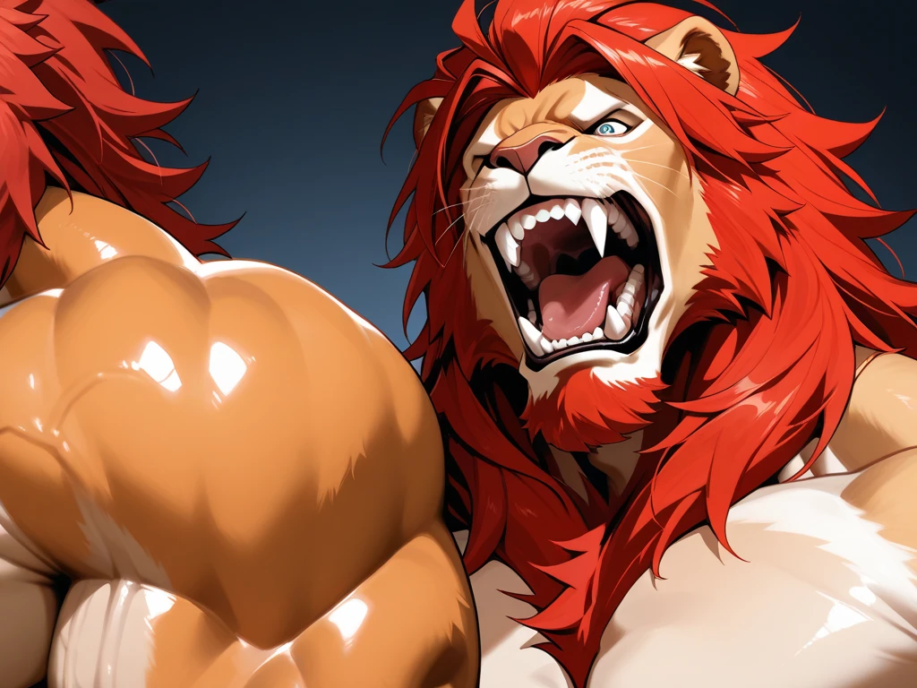 muscle, male, (lion head:1.0), furry, kemono, photo, realism, cgi, warrior, (fighting pose:1.2), tekken, eye glow, (sweat:1.3), dirt, nipple, red hair, (baki:1.2), blood splatter, purple eyes, teeth, (steam:1.0),