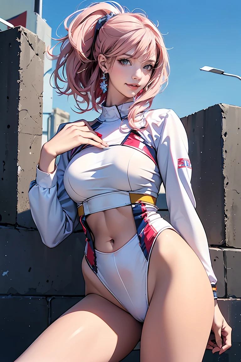 ((Highest quality, 8k, masterpiece :1.3)), (Sharp focus :1.2, Beautiful woman with perfect figure :1.4, Slim Abs), ((Big Breasts, Emphasize cleavage:1.2)), (Photorealistic:1.4), (realistic:1.4), (Pink Hair:1.5), Highly detailed face and skin texture, Fine grain, double eyelid. Makeup face, A little bit of lipstick, sex appeal, Sexy gravure pose, ((She was wearing a white sailor suit with a blue ribbon as a highlight.、A high school girl with medium-long black hair、Posing sexy in the wind on the school roof。The blue sky spreads in the background。:1.3)