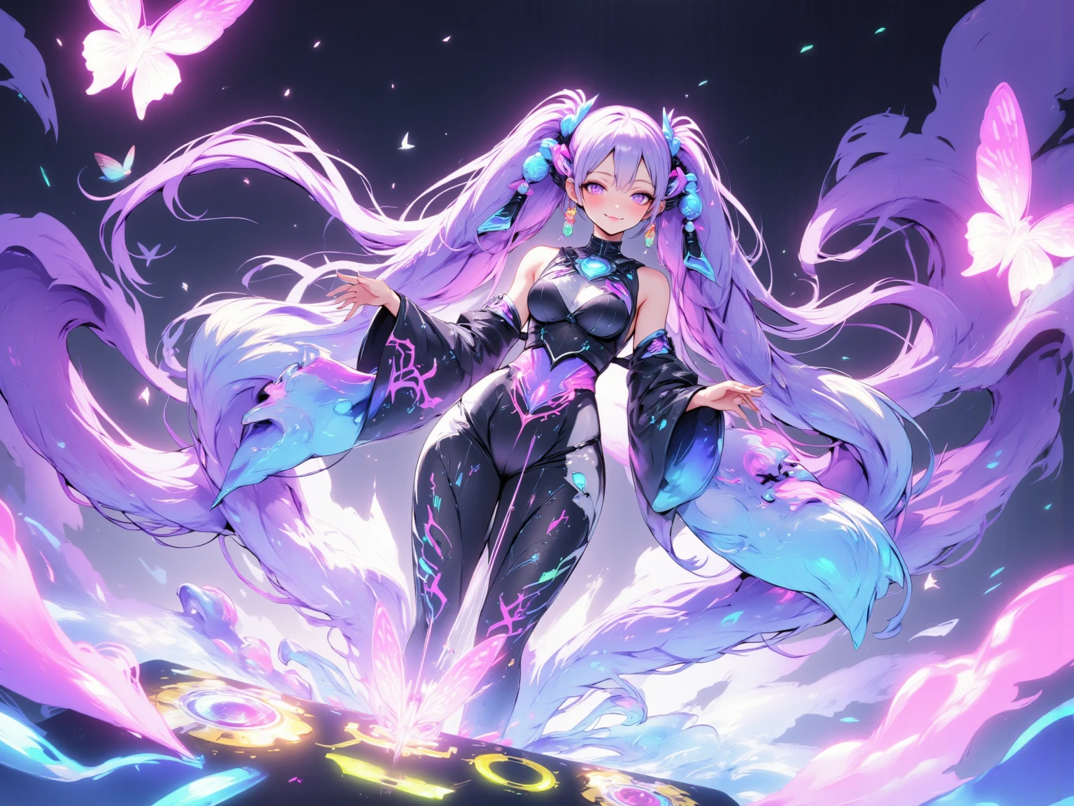 Anime panel, woman, full body, gray wavy hair with purple highlights, intense turquoise eyes, smiling, ear piercing, casual outfit