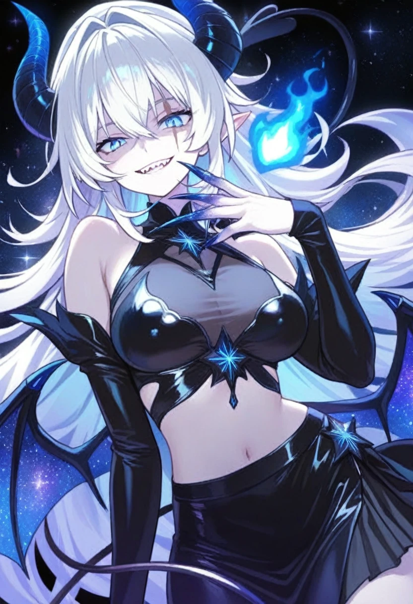 eekama, long hair, multicolored hair, two-tone hair, hair ribbon, black flower, red eyes, star earrings, large breasts, navel, body markings, cleavage, (blue fire:1.1), bracelet, 1girl, solo, facing viewer, looking at viewer, upper body, smile,