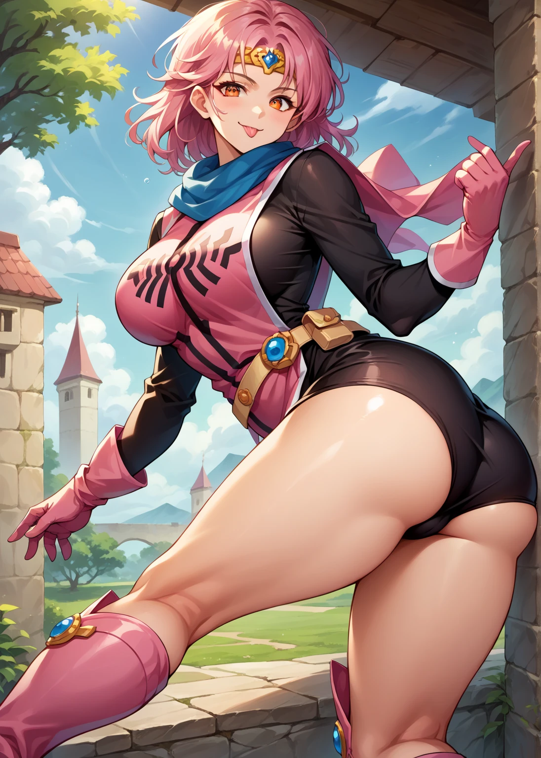 masterpiece, best quality, priMaam, medium hair, blue scarf, circlet, Body-fitting leotard, pink tabard, black sleeves, belt, gloves, looking at viewer, :D, furrowed brow, forest, large breasts, looking at viewer, smile, hand on hip, village, forest、Squat down with one knee raised、See-through costume、blush、Hot Breath、Naughty smile、Bow-legged、Put your hands behind your head、Dark brown skin
