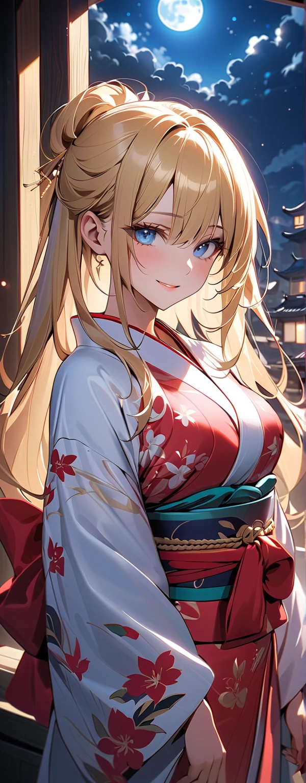 ((one girl)), hyper detailed, absurdres, 8K,Cute face, Beautiful Face, (Laugh shyly), ((teasing smile:1.8)), ((Wink:1.8)), (Laugh with your mouth wide open),(Tilt your head:1.3), View your viewers, ((Bright red cheeks:1.6)),Glossy Red Lips, ((Big Breasts:1.5)) night, Shrine festival stalls, (Brighten your face), ((Anime style background)),masterpiece, Highest quality, so beautiful,Latest, Complex details, (Pink long nails), (nail art), (ring),(bracelet), (helix piercing:1.7), (Floral Choker),AI-generated, Complex,High resolution, Highest quality, super high quality,3D Images、3D Images,One person,Blonde long hair,(High Ponytail), (Wavy Hair), Anime woman posing for a photo, ((Fine grain、blue eyes、Shining Eyes:1.4)), (Squint your eyes:1.1),a hyperRealistic , hyperRealistic , Realistic,Long blonde anime woman, Smooth anime CG art, Pink large floral patternの刺繍が入った、A girl in a gorgeous kimono, ((White long-sleeved kimono)),(Pink large floral pattern) ,Long flower hair ornament,Floral Earrings,Mature Body, expensive,Abdominal muscles,Tight waist,((Zoom in on face:1.9)), (front view),