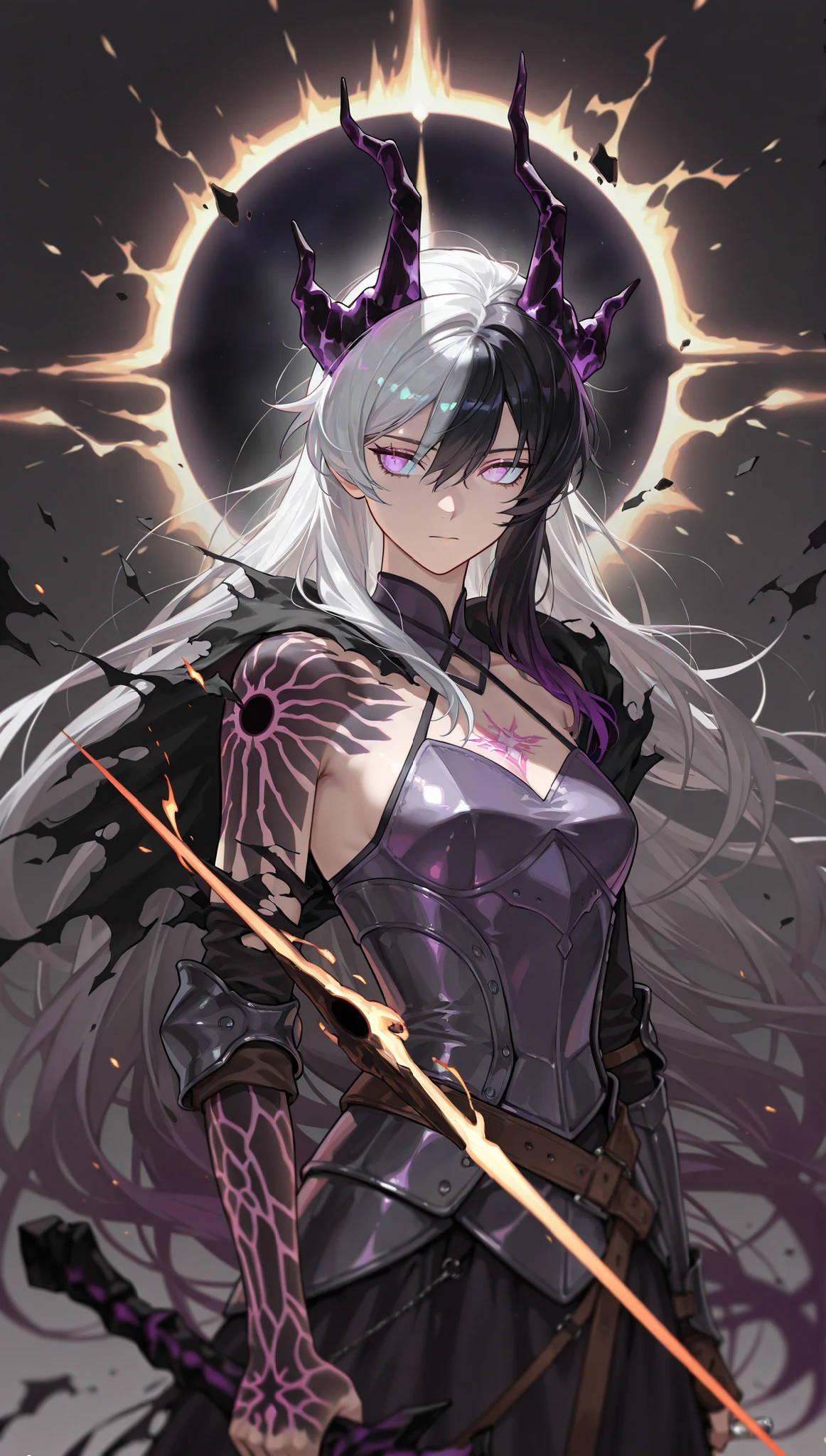 style of [arknights|(748cmstyle:0.5)], deep abyss, dark abyss, cosmic abyss, cinematic shot, mature, young adult, masterpiece, best quality, amazing quality, very aesthetic, high resolution, ultra-detailed, absurdres,
1girl, woman, solo, alone, (from the side:0.02),(upper body focus, close focus, medium shot:1.2), (wraith:1.44), cosmic eyes, kiana kaslana, halterneck dress, armored dress, broken clothes, torn clothes, flame, burning clothes, very long hair, (KianaHi3, Fol005, Kia_Hof:0.32), black hole, void powers, void magic, black hole magic, broken damaged templar, Goth girl, purple void lightning aura magic, wielding elven curved heavy saber, saber, runic sword, runic armor, tattoo, glowing tattoos, white hair, black hair, purple hair, (gradient hair, multi tone hair, multicolored hair:1.4), tsurime, focus, galaxy eyes, purple tattoo, glowing tattoo, Dark Souls, expressionless, concealed face, novuschroma79 style, glitch art photo
BREAK, depth of field, volumetric lighting
 