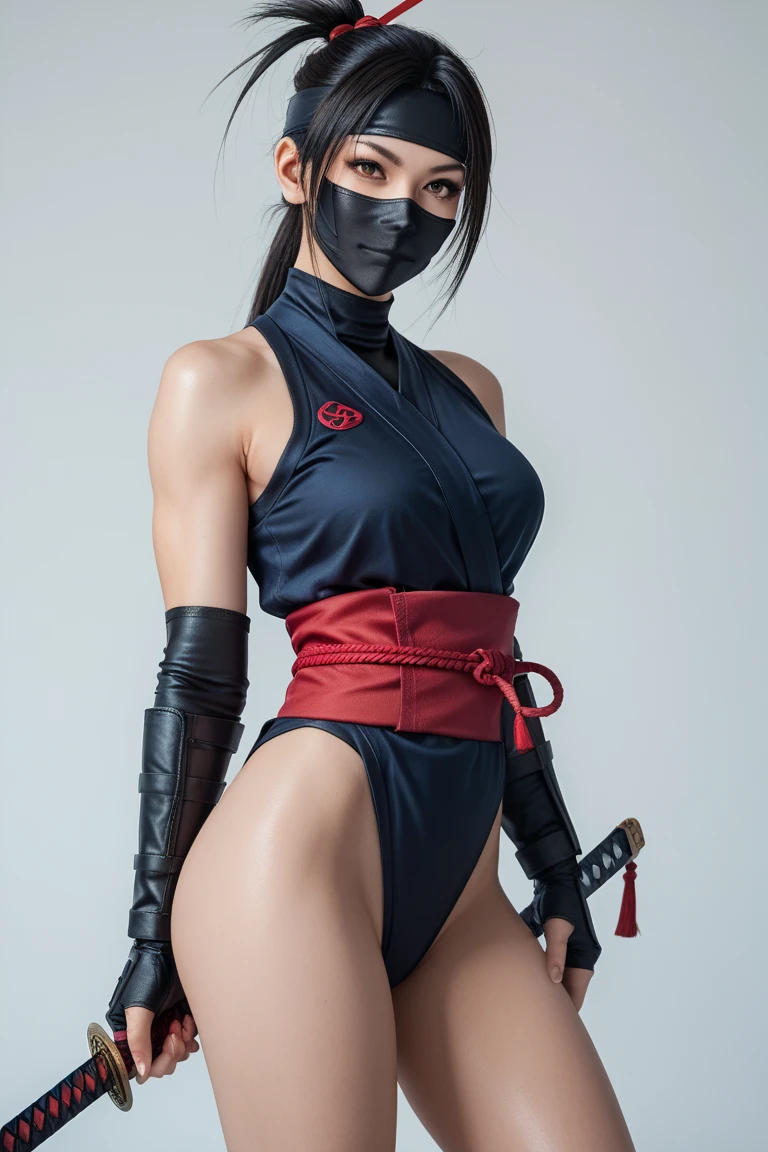 KShinobuV4,1girl, shot on leica, square face shape, b-cup breasts, dark green hair, strong and muscular toned build, natural proportions, intricate details, masterpiece, best quality, 8k, detailed skin texture, detailed cloth texture, beautiful detailed face, ultra detailed, looking_at_viewer, Best quality, masterpiece, ultra high res, (photorealistic:1.4), raw photo, solo, japanese girl, ((mouth mask)), ninja mask, perfect face, perfect eyes BREAK ninja, (fishnet top:1.5), (crop top:1.5), cleavage, (bare shoulder), elbow gloves, (arm guard:1.3), partially fingerless gloves, midriff, black panties, ((black thighhighs)), (((greaves))), sandals, (revealing clothes:1.5), (samurai armor:1.5), thighs, ass visible through thighs, (((thigh gap))), tassel, shimenawa, using a samurai sword, wakizashi