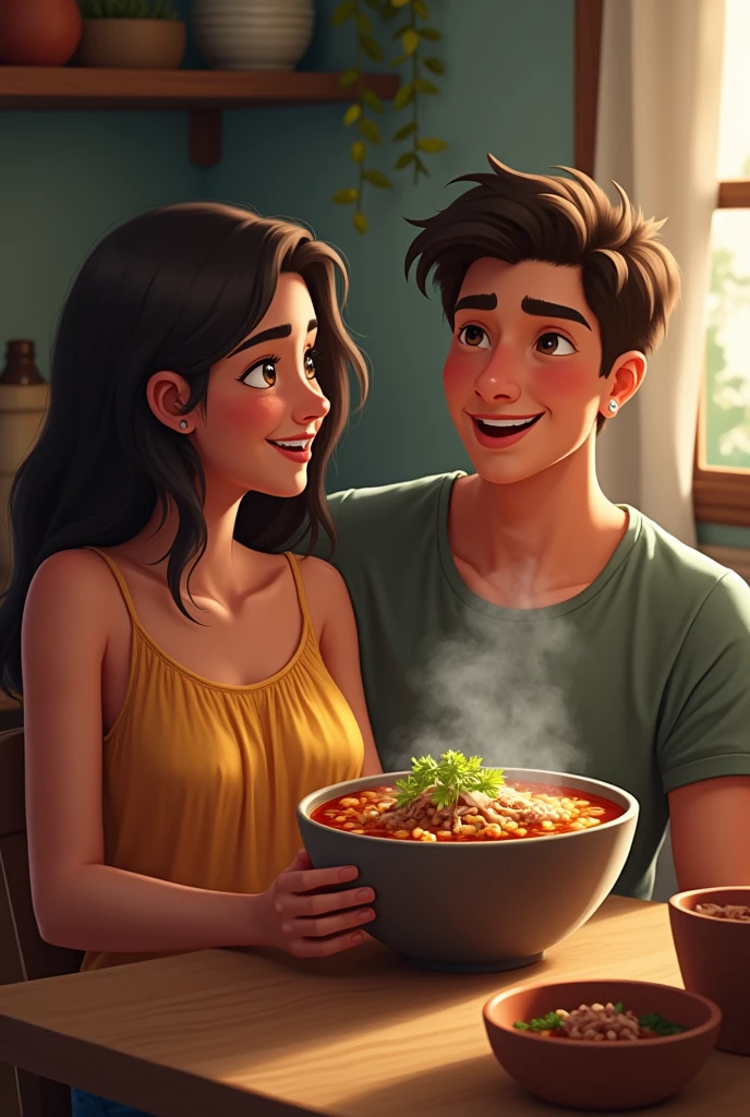 create an 1 couple as a cute animated cartoon , white skin boy,strong, long hair with a ponytail and a beard only on the chin, brown in color, that is dressed in green, and the white-skinned girl, light brown eyes , semi wavy brown hair and wear a black dress and are cooking