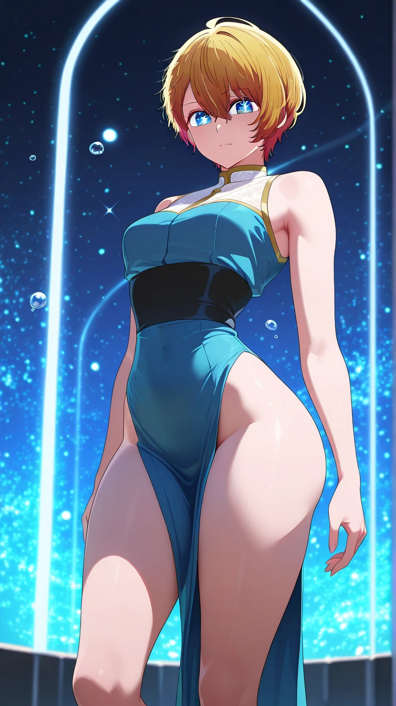 maximum quality、extremely delicate and beautiful、I am、I am、a 14 year old、Japanese、Chiquita、a high school student、A brunette、Canine ears、far away、((blue leotard costume))、（leg high）、tiara on head、a smirk、standing、facing the front、The background is a resort pool、Represents the entire body、gravure