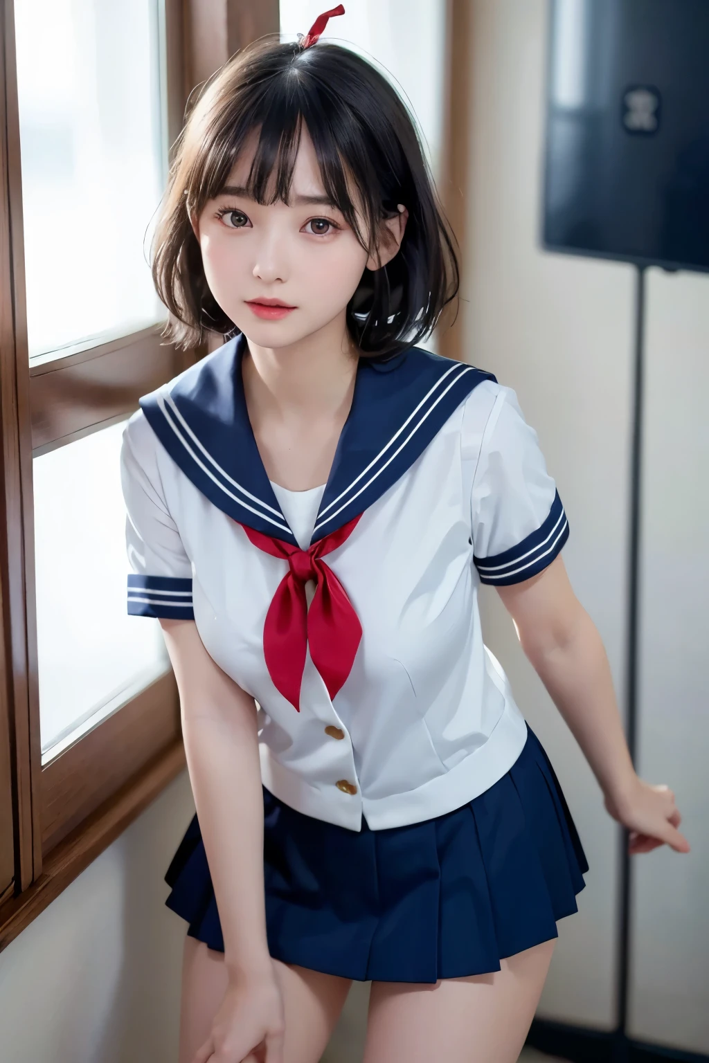 1girl, (solo), (selfie), smile, (17 years old), big breast:1.5, ((beautiful anime eyes with fine detail)), realistic skin, sailor suit, (Navy blue pleated miniskirt), beauty of slender female legs, thigh-high socks,
