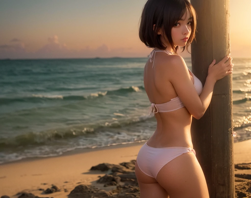 a KAWAII girl with a Halo  wearing a tiny string bikini, jumping on a sandy beach, under the warm sunset light. Her eyes look captivating and mysterious, with long eyelashes and a hint of playful charm. The bikini is pure white, with elaborate lace pattern and intricate details that accentuate her curves. The sand beneath her feet is golden and softly illuminated, creating a serene and dreamy atmosphere. The ocean waves gently kiss the shore, adding a soothing soundtrack to the scene. The overall image quality is top-notch, with ultra-detailed features, vivid colors, and a realistic, photorealistic rendering style. The lighting is carefully set to highlight the curves of her body, creating a beautiful play of light and shadows. The scene exudes a sense of summer vacation, freedom, and adventure. (((Volumetric lighting, Acutance:0.8, sideboob, pretty Ass))), (((NSFW:-1, nipple:-1)))